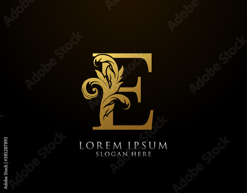 Classic E Letter Icon. Luxury Gold alphabet arts logo. Vintage drawn emblem for book design, brand name, stamp, Restaurant, Boutique, Notary, Hotel.