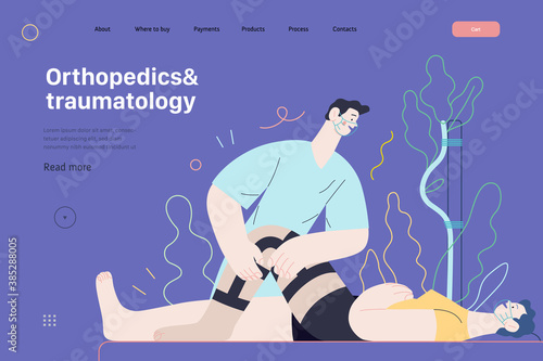 Medical insurance - orthopedic and traumathology -modern flat vector concept digital illustration - an orthopaedist attaching the orthosis to a lying female patient, medical office or laboratory