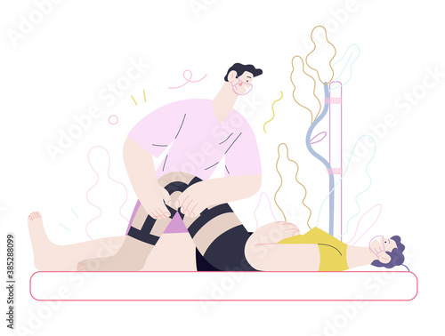 Medical insurance - orthopedic and traumathology -modern flat vector concept digital illustration - an orthopaedist attaching the orthosis to a lying female patient, medical office or laboratory