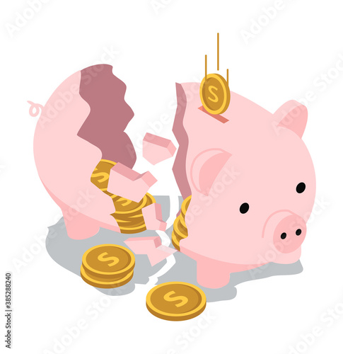break piggy bank Isometric with  falling coin