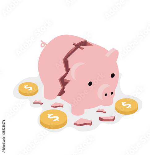 broken piggy bank money safe  with coins concept Isometric