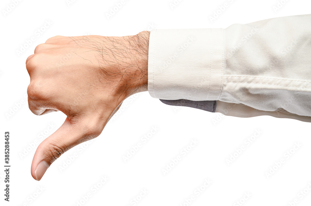 Business male caucasian hand showing thumbs down sign isolated on white background. Business male caucasian hand showing thumbs down sign isolated on white background.