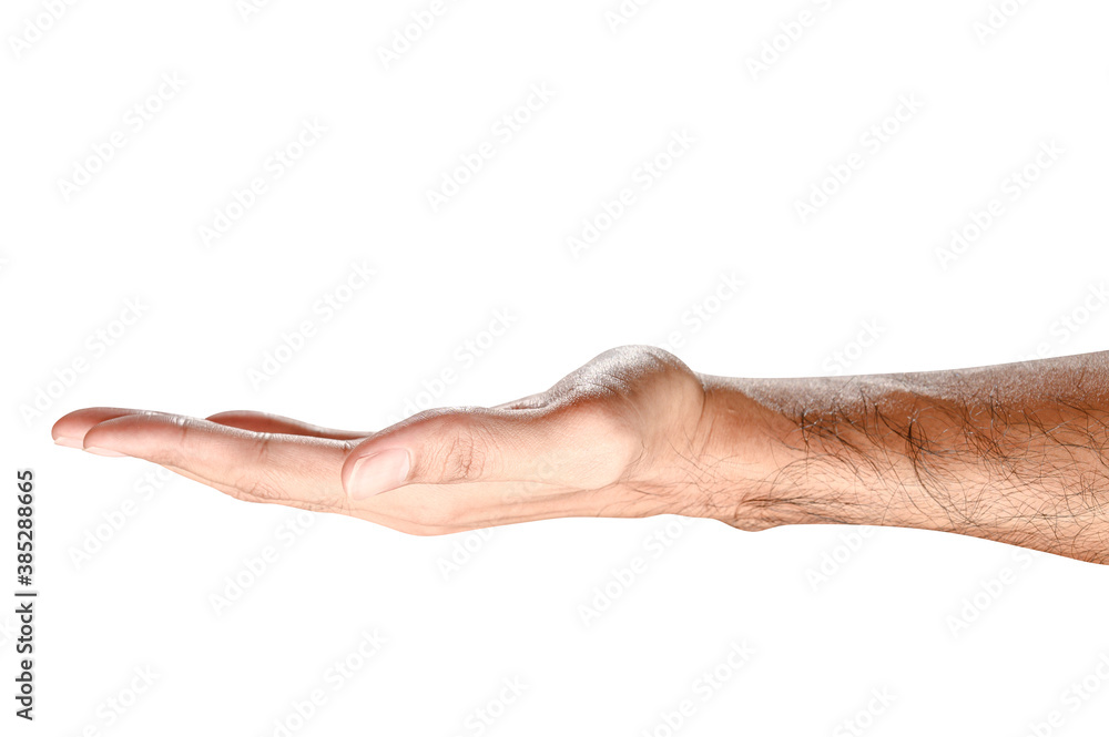 isolated of male caucasian hand holding something like a bottle or can.