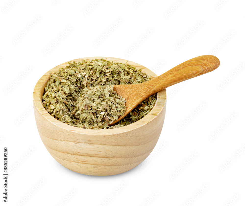 Oregano in wooden spoon and bowl isolated on white background ,include clipping path Oregano in wooden spoon and bowl isolated on white background ,include clipping path
