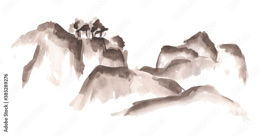 Mountains, Asian Chinese and Japanese in Oriental style. Hand drawn watercolor illustration, isolated on white background