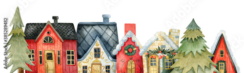 Watercolor Christmas frame with winter plants, berries, gold stars and winter houses.