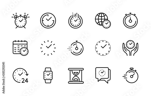 Time management, time and clock, vector linear icons set. Timer, speed, alarm, recovery, calendar, hourglass and more. Isolated collection of icons time for web sites and mobile on white background.