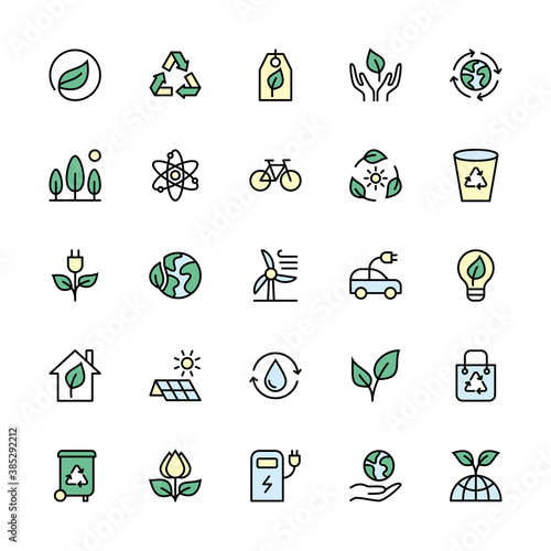 Environmental sustainability and energy sources in minimal style. Color symbols of ecology. Simple set of vector linear icons. Energy icon collection. Isolated contour illustrations for websites.