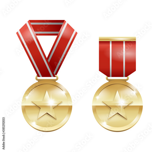 Champion first place medal - golden awards with star symbol, red ribbon and brilliance four-pointed stars - vector flat icons 