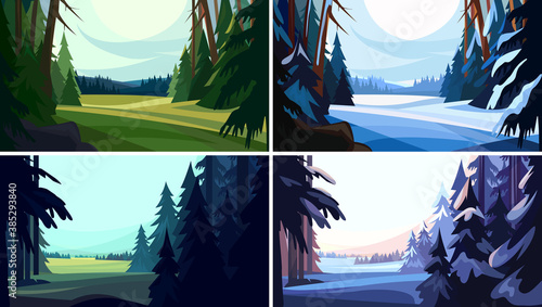 Collection of coniferous forests in cartoon style. Beautiful nature landscapes.