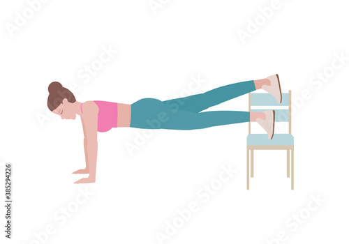 Exercises that can be done at-home using a sturdy chair. Woman doing exercises. Step by step instruction for doing Plank leg raises in 2 steps on blue mat. Fitness and health concepts.