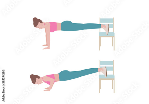 Exercises that can be done at-home using a sturdy chair.
Inhale as you slowly bend your elbows and lower yourself until your elbows are at a 90-degree angle. with Push-up posture. Cartoon style.