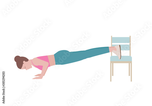 Exercises that can be done at-home using a sturdy chair.
Inhale as you slowly bend your elbows and lower yourself until your elbows are at a 90-degree angle. with Push-up posture. Cartoon style.