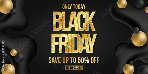 Poster for Black Friday sale. Elegant business banner. Commercial discount event. Liquid dynamic shapes and golden glittering text on a black background. Vector illustration