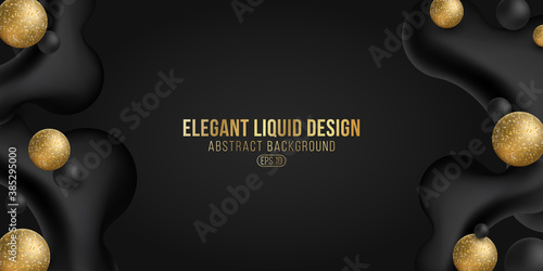 Abstract golden and black 3d glittering dynamic liquid shapes. Elegant background for your design. Vector illustration