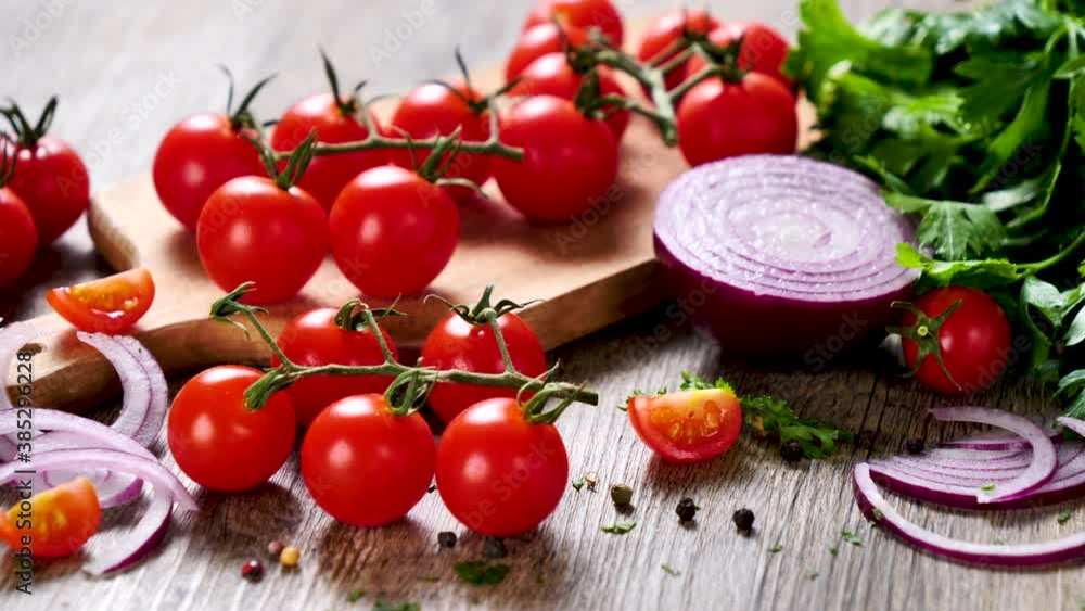 fresh ingredients- cherry tomatoes, red onion and parsley fresh ingredients- cherry tomatoes, red onion and parsley