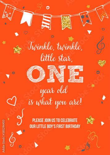 Twinkle, Twinkle, Little Star, Boy's First Birthday One Year Party Printable Invitation Vector Card
