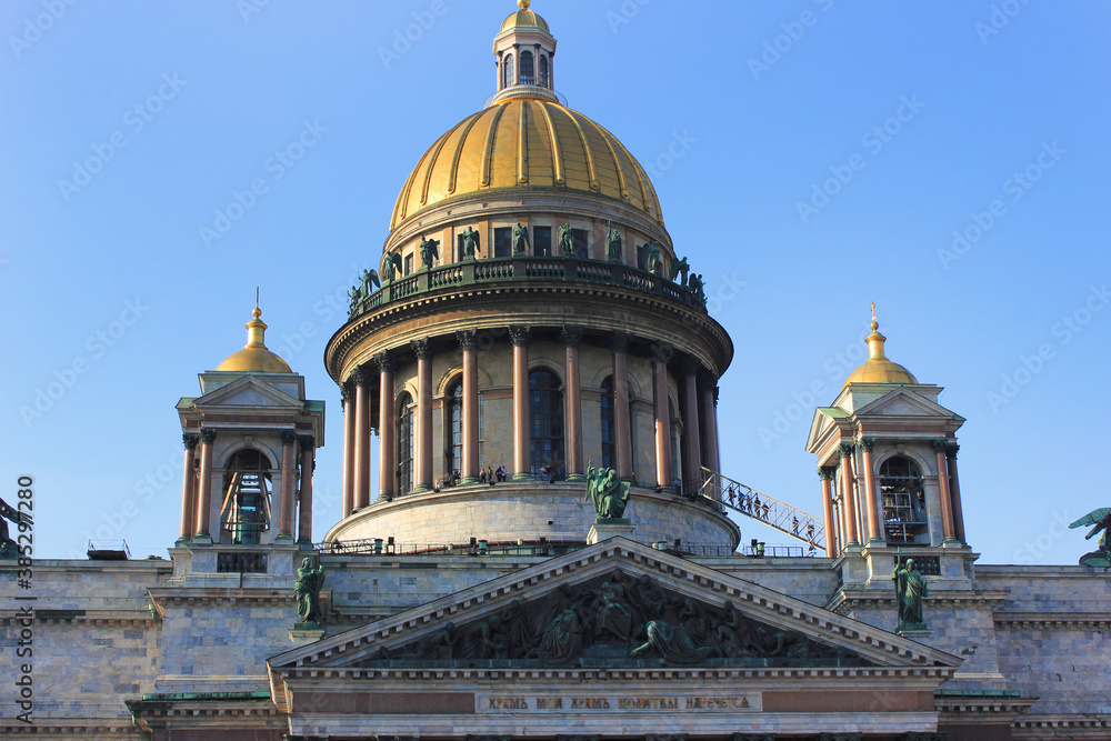 Saint Isaac's Cathedral (Isaakievskiy Sobor) scenic architecture in St Petersburg, Russia. Orthodox church colonnade and building facade, largest christian cathedral in Russia