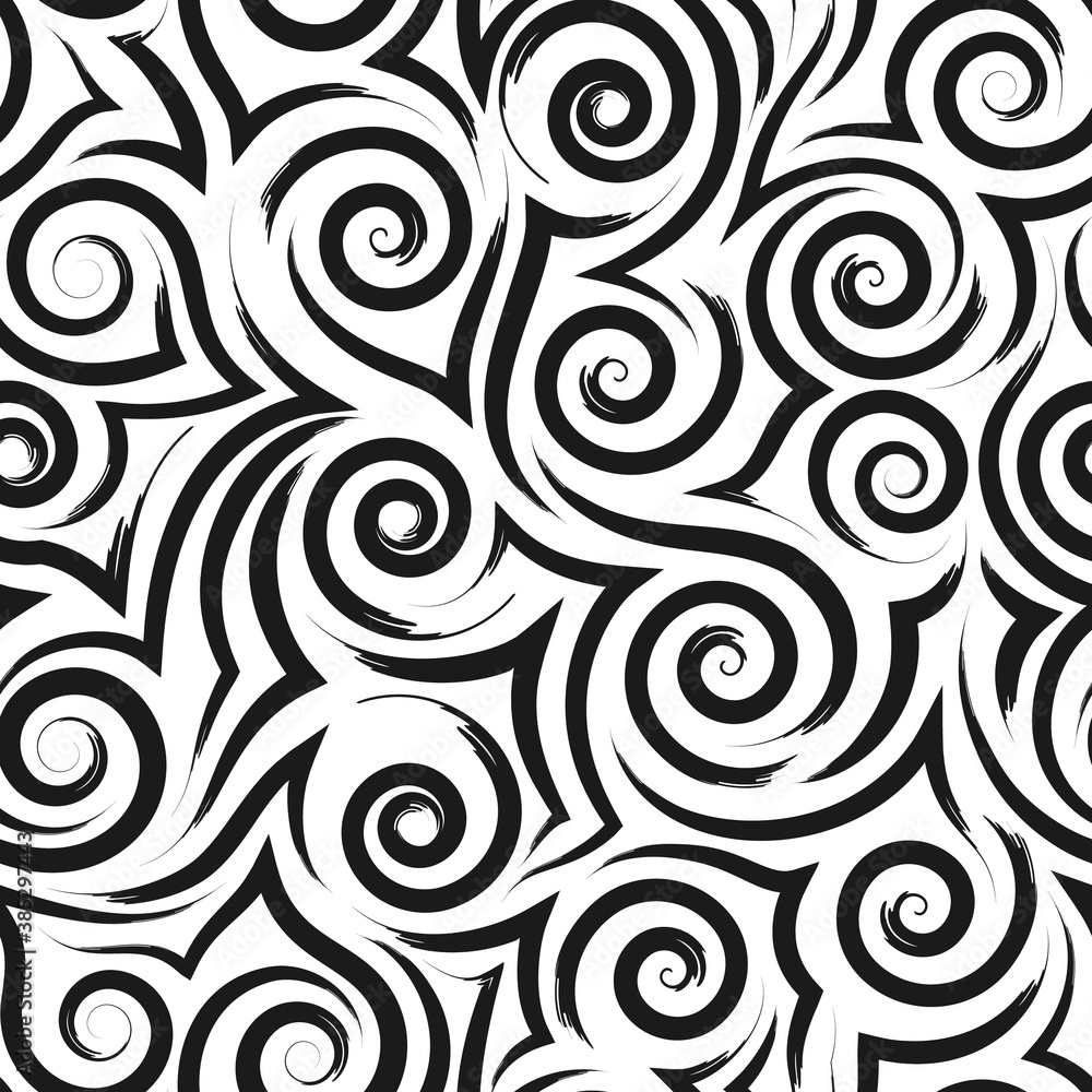 Geometric seamless pattern of smooth black waves of spirals and curls on a white background.Monochrome pattern sea or ocean stylized waves or ripples on the water. Geometric seamless pattern of smooth black waves of spirals and curls on a white background.Monochrome pattern sea or ocean stylized waves or ripples on the water.