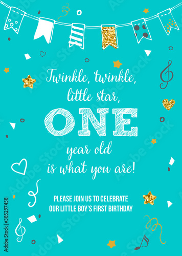 Twinkle, Twinkle, Little Star, Boy's First Birthday One Year Party Printable Invitation Vector Card