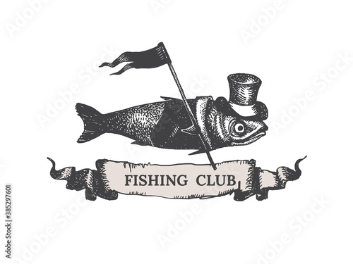 Fish with a flag in a tuxedo and top hat. Vintage illustration for the logo, packaging design element, your design