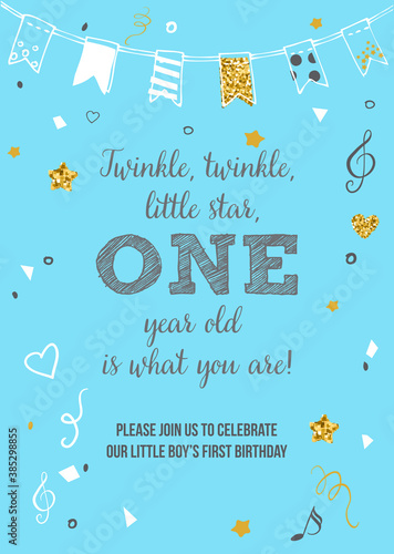 Twinkle, Twinkle, Little Star, Boy's First Birthday One Year Party Printable Invitation Vector Card