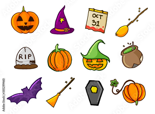 set of halloween icons isolated on white background. pumpkin, witch hat, broom, magic couldron, and coffin. hand drawn vector. doodle for halloween party. modern scribble for kids, sticker, clip art. 