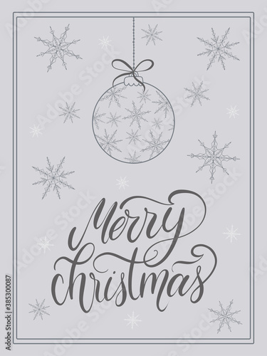 Postcard Happy New Year with balls and snowflakes. 