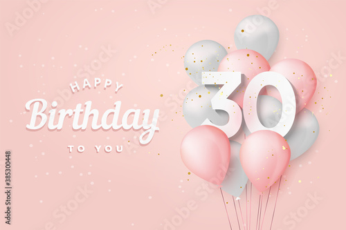 Happy 30th birthday balloons greeting card background. 30 years anniversary. 30th celebrating with confetti. Vector stock