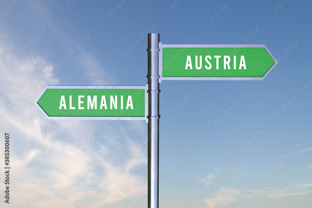 Sign indicating the direction of the borders between two countries Alemania, Austria,Germany, 3d render. Sign indicating the direction of the borders between two countries Alemania, Austria,Germany, 3d render.