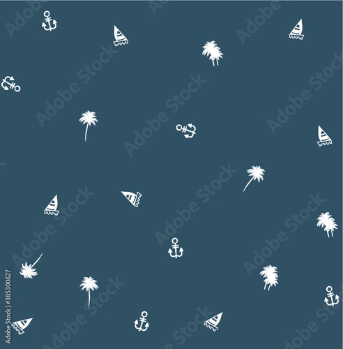Trendy hand drawn island vector seamless pattern vintage mood sea,sun ,palm trees, sailboat ,sky The Summer mood illustration.Design for fashion,fabric,wallpaper and all prints on cream background.