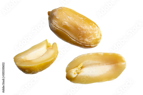 Peanut isolated closeup without shell as package design element collection on white background. Nut macro. Peanut kernels. Full depth of field.