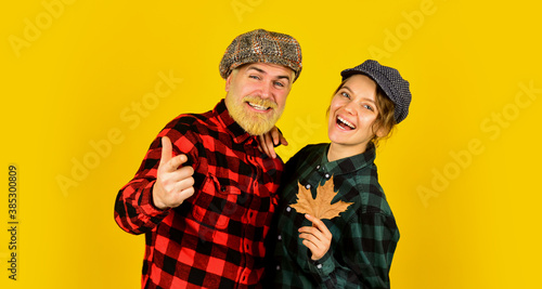 Autumn mood. Family tradition. Couple wear checkered hats and shirts. Vintage style. Romantic feelings. Happy relations. Couple in love stylish outfit. Having fun. Cheerful couple dating in september