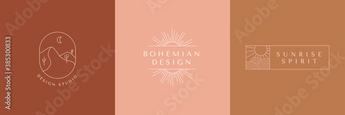 Vector set of linear boho icons and symbols - sun logo design templates  - abstract design elements for decoration in modern minimalist style