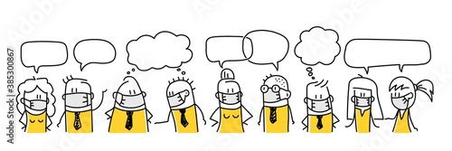 Funny people in protection masks with speech bubbles. 