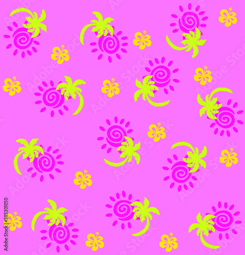 Seamless hand drawn tropical vector pattern with bright hibiscus flowers and exotic palm leaves on dark background.