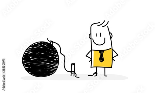 Happy stick man looks at a large ball tied to a stick.