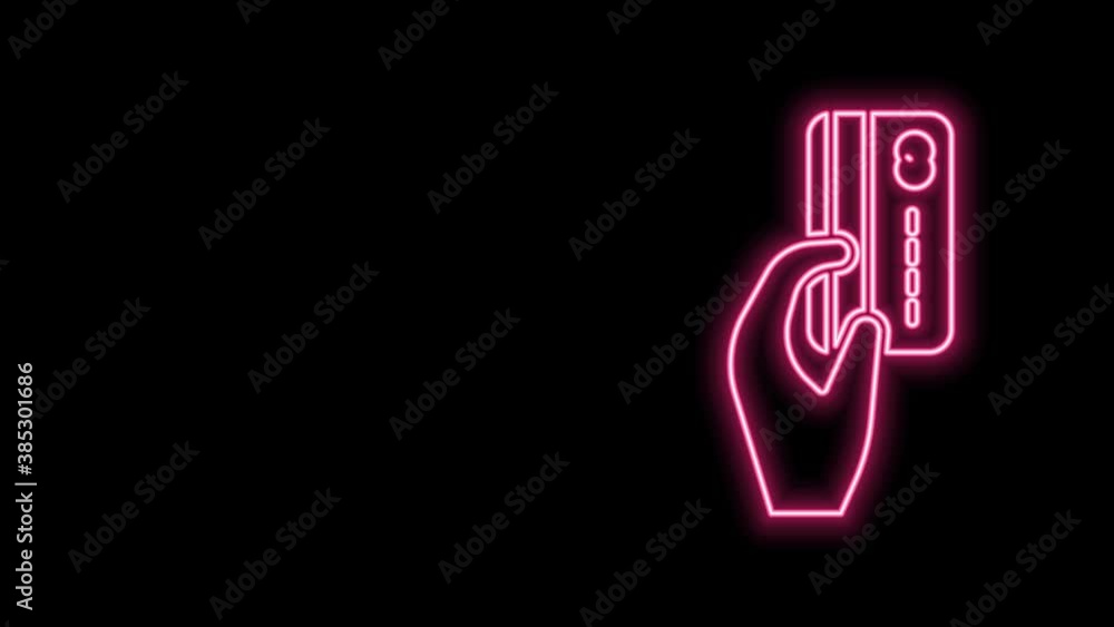 Glowing neon line Human hand holding with credit card icon isolated on black background. Online payment. Pay by card. Financial operations. 4K Video motion graphic animation Glowing neon line Human hand holding with credit card icon isolated on black background. Online payment. Pay by card. Financial operations. 4K Video motion graphic animation