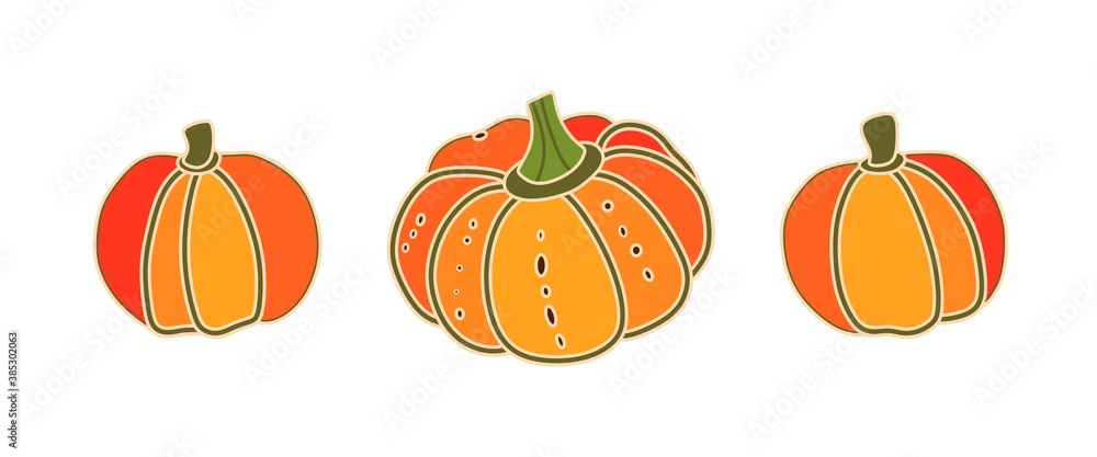 Pumpkins on a white background. Vector illustration of pumpkin. Autumn set of icons. Collection for Halloween and Thanksgiving. Abstract hand drawn decorative pumpkin. Autumn harvest. Food, vegetables