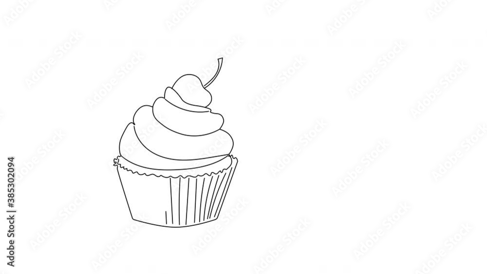 Cake self drawing animation. Sweet cupcake. Copy space. White background. Hand drawn Cake self drawing animation. Sweet cupcake. Copy space. White background. Hand drawn