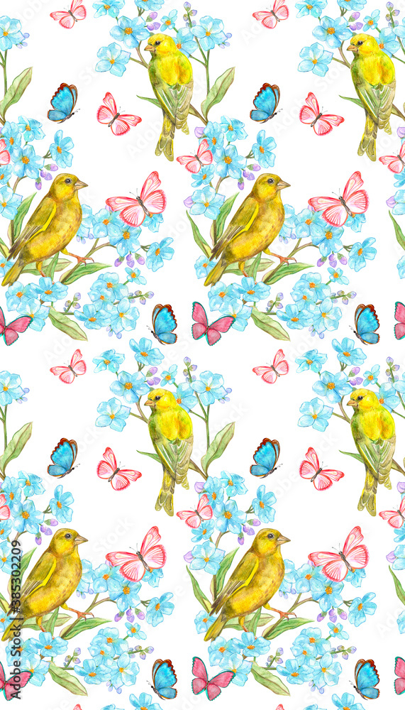 seamless texture with yellow birds and blue flowers, flying butterflies. watercolor painting