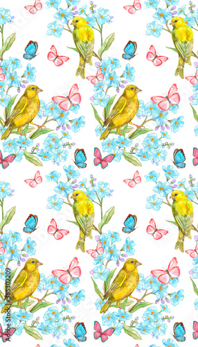 seamless texture with yellow birds and blue flowers  flying butterflies. watercolor painting