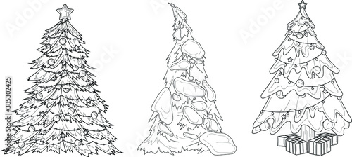 Realistic Christmas New Year winter tree with decorations, presents and snow sketch template set. Holiday cartoon vector illustration in black and white for games, decor. Coloring paper, page, book