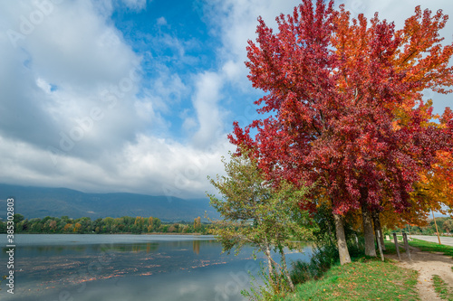 Lac de Divonne with colorful autumn trees