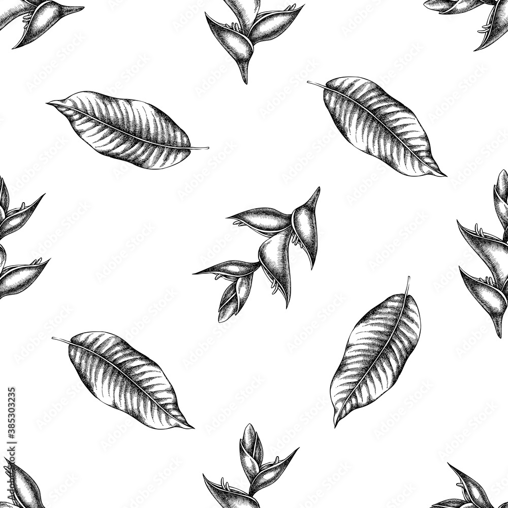 Seamless pattern with black and white heliconia Seamless pattern with black and white heliconia