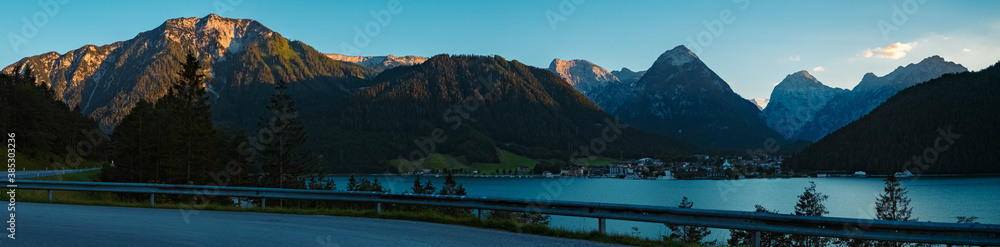 High resolution stitched panorama of a beautiful alpine sunset view at the famous Achensee, Pertisau, Tyrol, Austria High resolution stitched panorama of a beautiful alpine sunset view at the famous Achensee, Pertisau, Tyrol, Austria