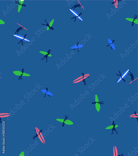 Surfers on surfboards in sea waves vintage seamless pattern on white background. Vector