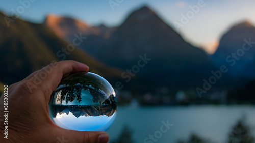 Crystal ball alpine sunset shot at the famous Achensee, Pertisau, Tyrol, Austria