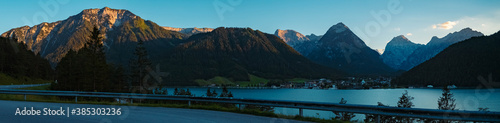 High resolution stitched panorama of a beautiful alpine sunset view at the famous Achensee, Pertisau, Tyrol, Austria