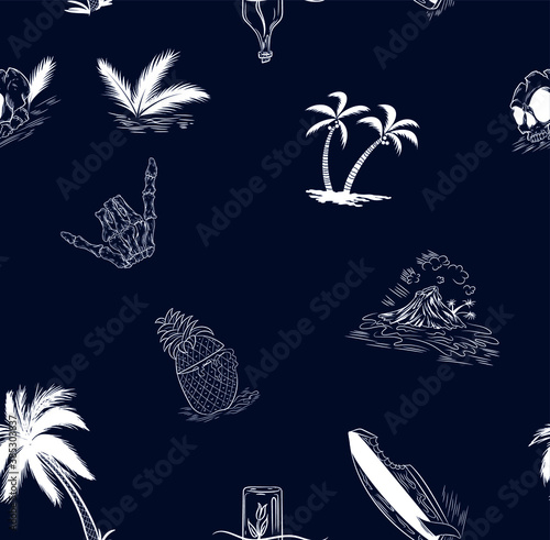 Beautiful tropical vector seamless pattern background with coconut palm trees, sailboat silhouettes, sun, mountaines, whale tails. Isolated on white background. The Summer beach surfing illustration